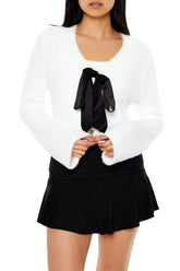 Bow Fuzzy Knit Cardigan Sweater