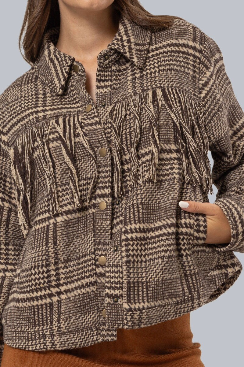 Glen Plaid Fringe-Trim Jacket