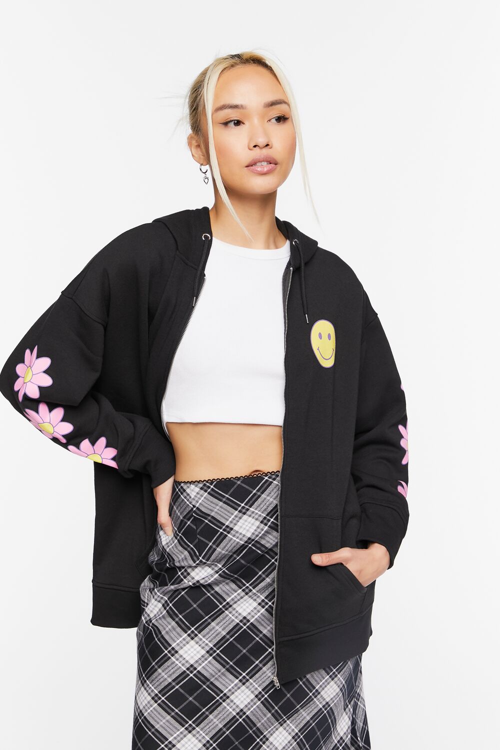 Happy Face Graphic Zip-Up Hoodie