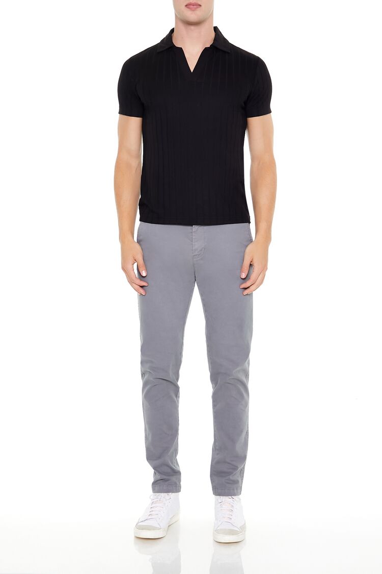Ribbed Open V-Neck Polo Shirt