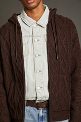 Hooded Cable Knit Zip-Up Sweater
